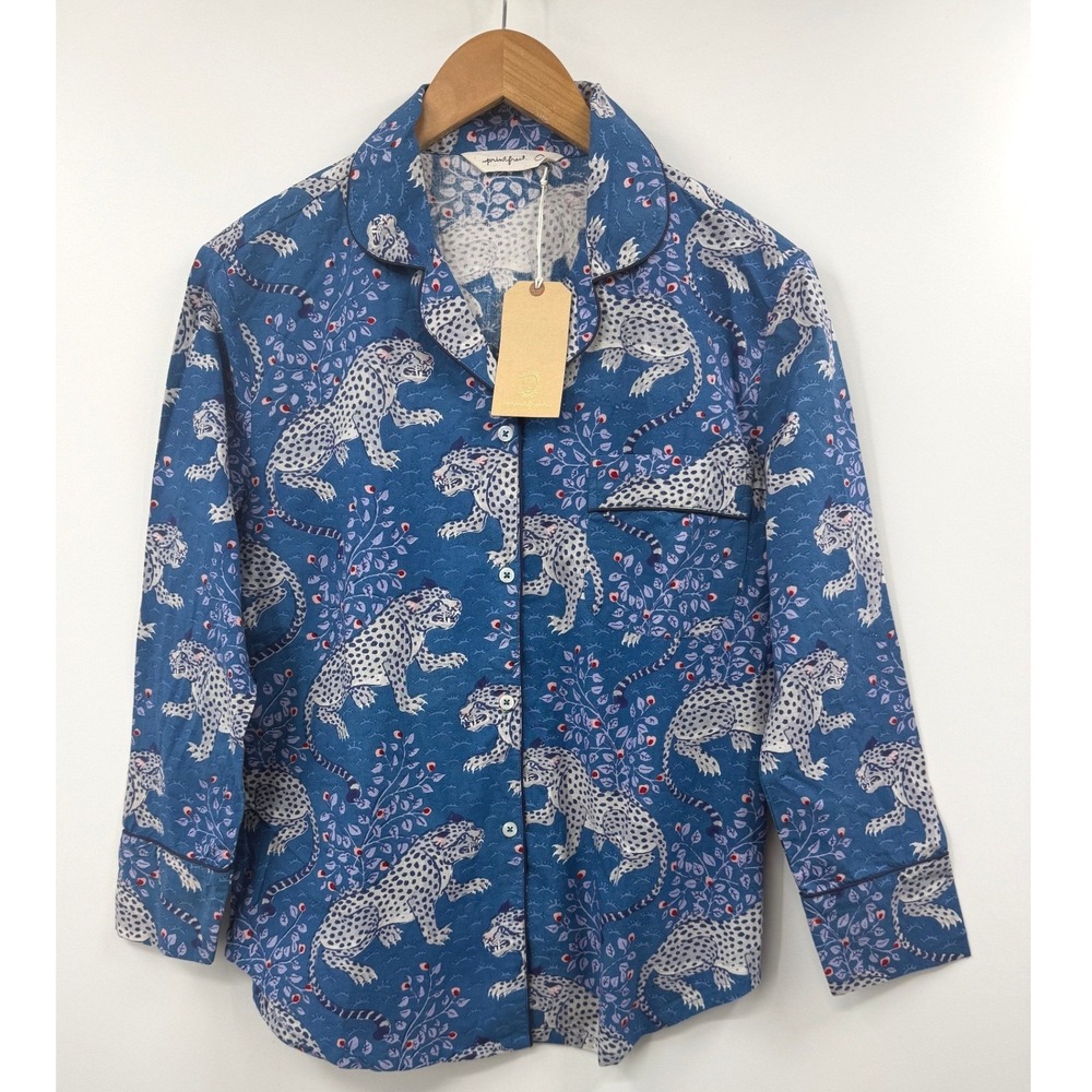 Printfresh XXS Blue Leopard Floral Print Pajama Top Button Up 100‎ Cotton